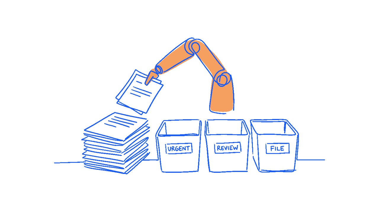A stack of incoming documents being sorted into three labelled bins by an automated arm, illustrating AI-driven classification