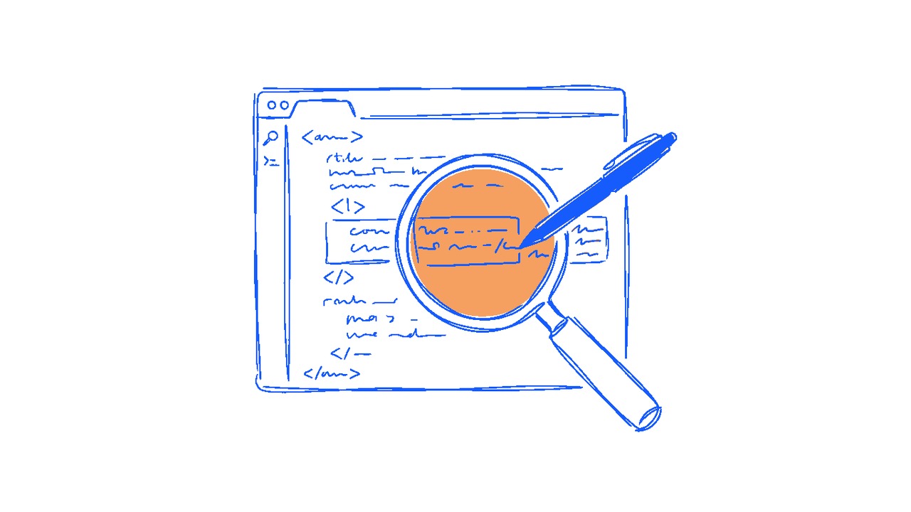 A code editor with a magnifying glass examining one block while a review pen marks corrections beside it, showing developer review of AI-written code