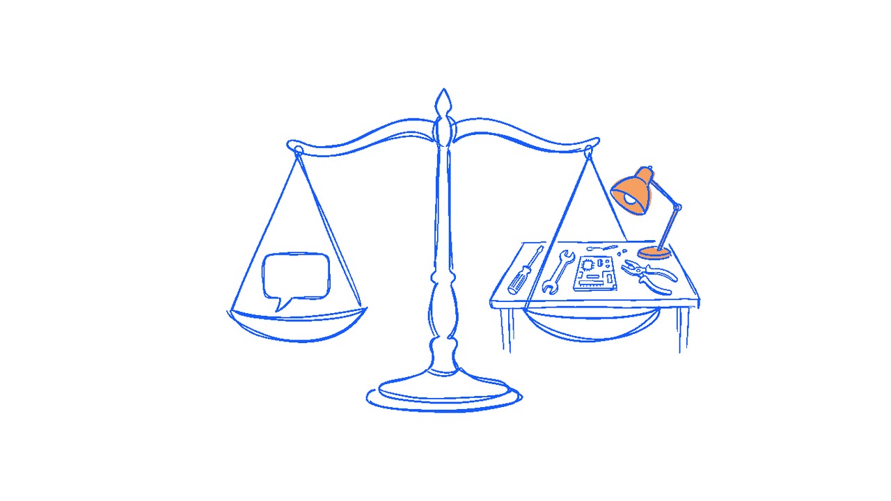 A balance scale weighing a prompt-only chat bubble against a developer's workbench with tools and a desk lamp, showing the gap in shelf life