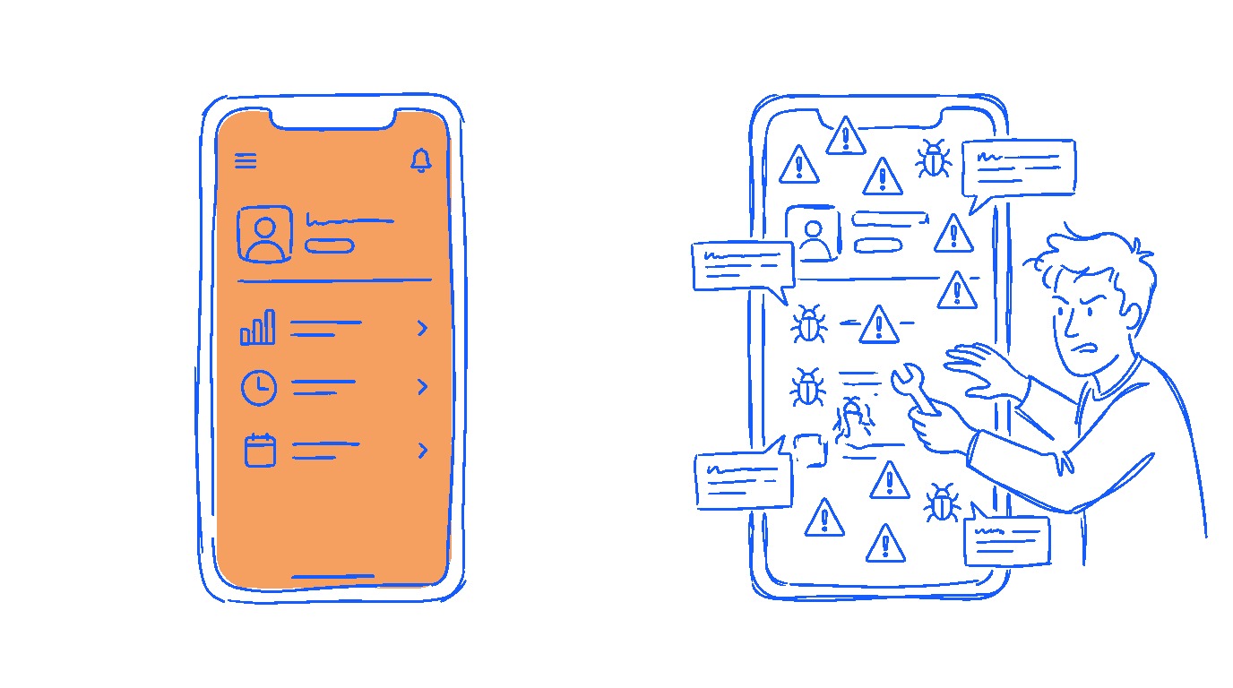 A 'month 1 vs month 6' before-and-after: left side shows a polished launch-day demo; right side shows the same app covered in warning icons, bug reports, and a frazzled developer trying to patch it. Making the production-gap concrete.