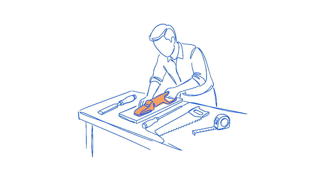 A person at a workbench with AI tools laid out like a tradesperson's kit — chisel, saw, measuring tape — using them deliberately. The tools-not-magic framing. Craft, not conjuring.