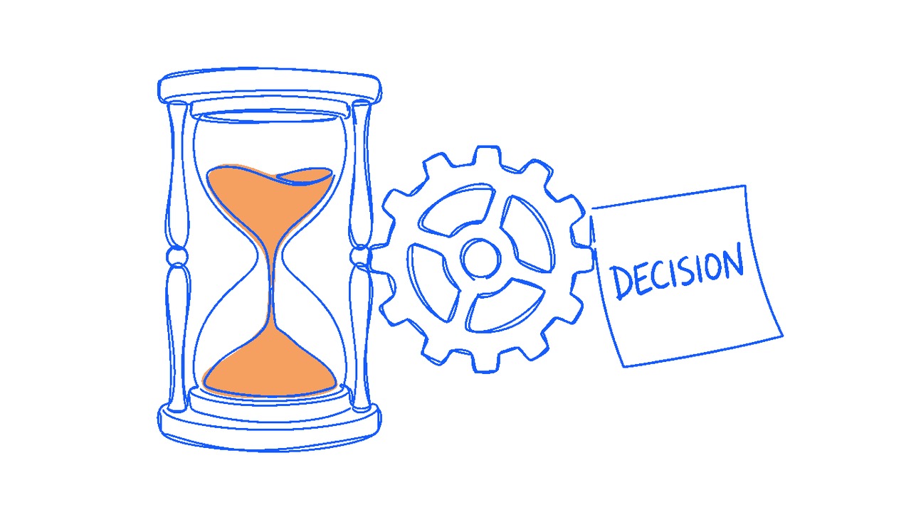 An hourglass with sand running through it beside a stalled cogwheel and a sticky note labelled DECISION, illustrating how client-side decision lag eats project time