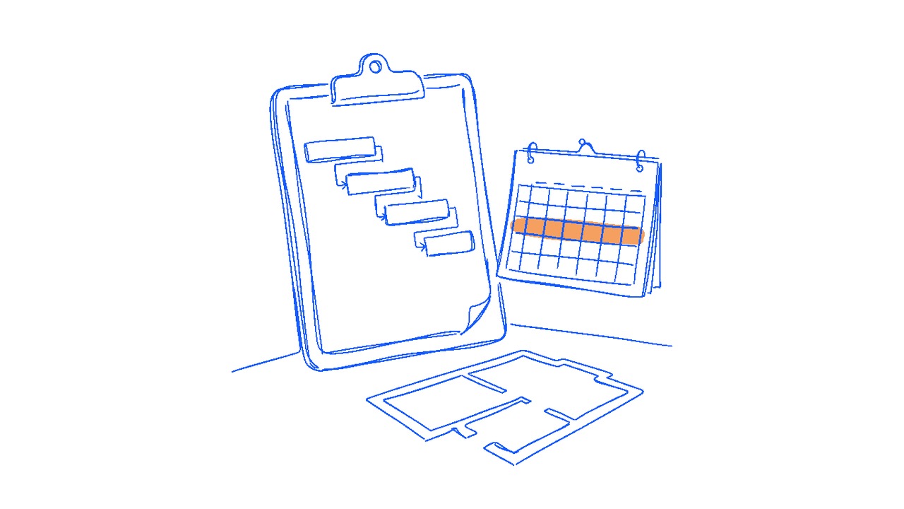 A sketchy clipboard with a phased project timeline, a wall calendar with one week highlighted in amber, and the foundation plan of a small building, illustrating budget, timeline, and foundations together