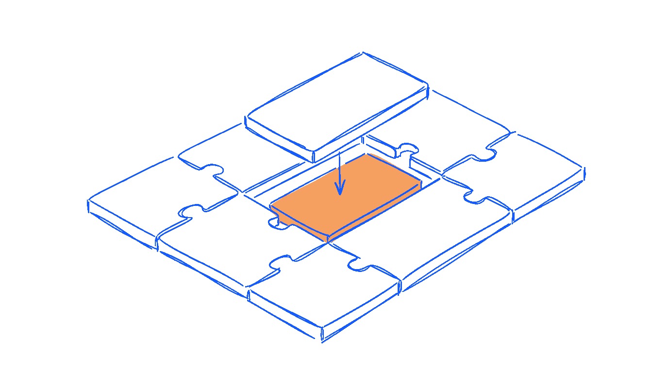 A system drawn as interlocking modular tiles, with one tile being carefully lifted out and replaced while the surrounding tiles keep running — the segment rebuild moment. Emphasise 'surgical', not 'demolition'.