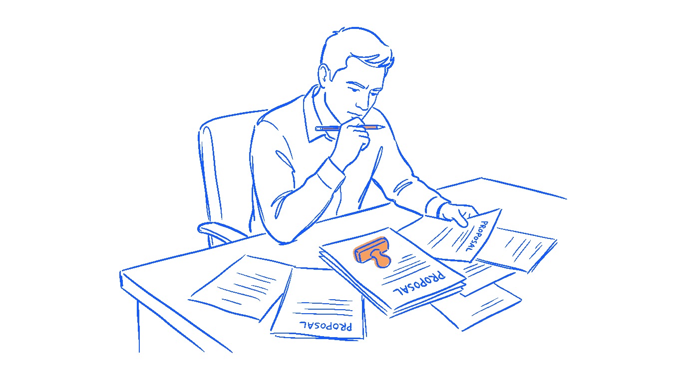 A business owner at a desk reviewing several proposal documents spread out, pencil in hand, visibly comparing — the decision moment