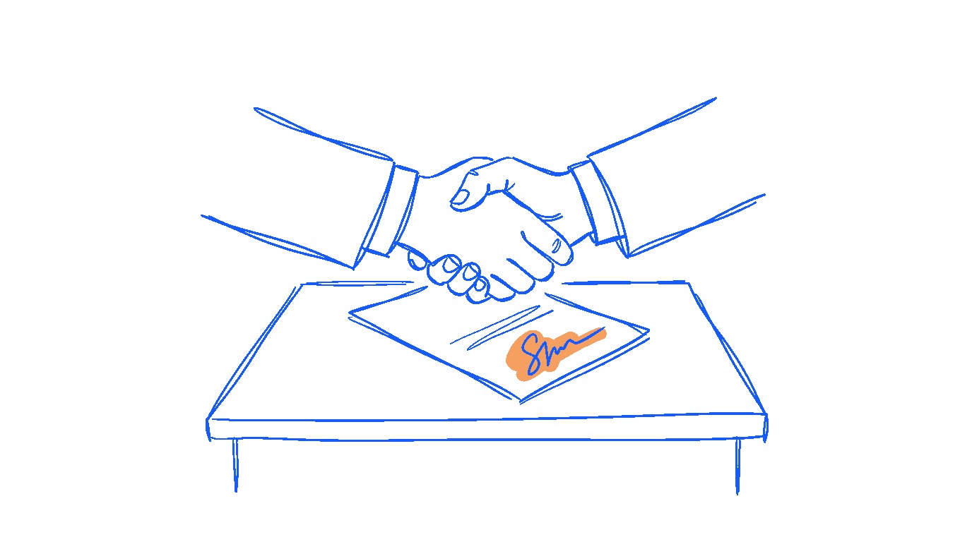 Two hands shaking firmly across a desk over a signed open contract — sketch style, the 'good sign' moment after due diligence
